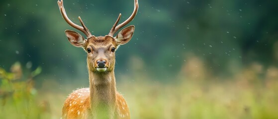  A tight shot of a deer with antlers adorning its head against a backdrop of a lush, green field