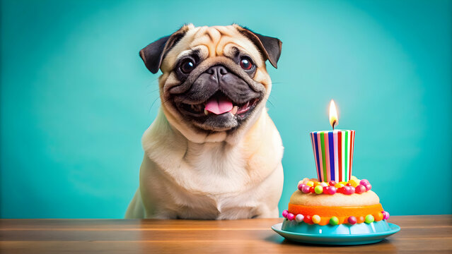 Colorful happy birthday card featuring a pug dog smiling with a birthday cake, pug, birthday, card, colorful, celebration, party, cute