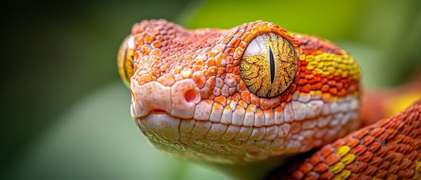  A tight shot of a lizard's head, adorned with yellow and orange patterns, against a verdant backdrop