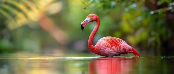 Fototapeta premium A pink flamingo wades in a body of water, with its head submerged and mirror-like reflection on the surface