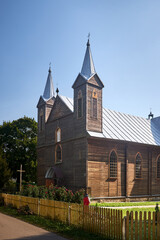 Church of the Holy Apostle Jude in Privalka. Wooden Roman Catholic church Privalka village Grodno region, Belarus. An architectural monument.