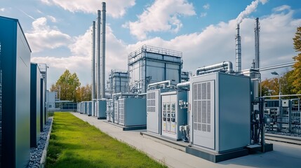 Obraz premium A large industrial plant with many tall towers and a blue sky in the background. The sky is clear and the sun is shining