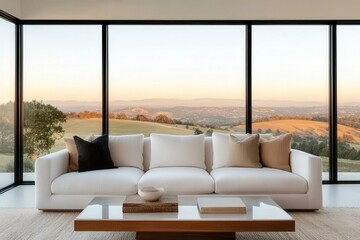 A modern, minimalistic living room featuring a cozy white sofa, decorative pillows, and expansive windows showcasing a scenic landscape.