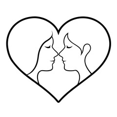 a black silhouette of a couple in a heart shape. The couple is facing each other and their faces are close together vector silhouette