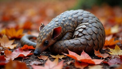Obraz premium Close up of a Pangolin curled up in a ball on a bed of autumn leaves