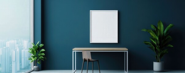A minimalist office space featuring a wooden desk, a chair, a blank picture frame, and green plants against a dark blue wall.