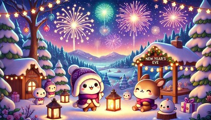 Naklejka premium Charming New Year's Eve Celebration with Adorable Characters and Fireworks Lighting Up a Beautiful Winter Landscape