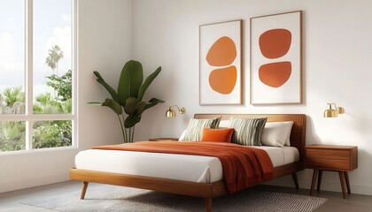 A modern bedroom featuring a wooden bed, warm textiles, and abstract wall art, complemented by natural light and greenery.