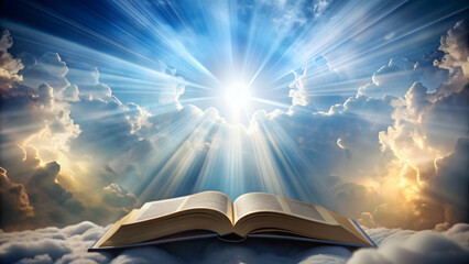 A beautiful of an open Bible surrounded by light beams and celestial clouds , Holy Bible, sacred, spiritual, wisdom
