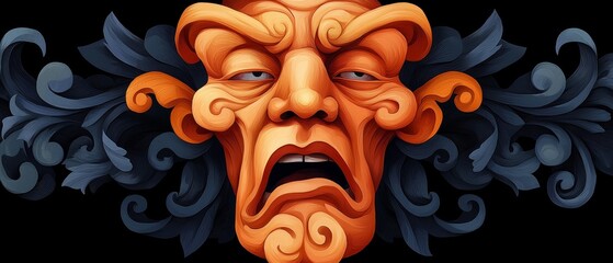  A painting of a face with a surprised expression, featuring an intricate design adorning the upper half