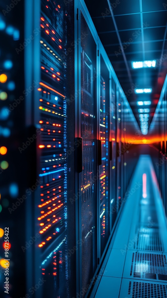 Poster illuminated server racks in a data center.