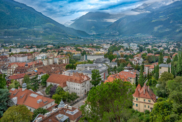Obraz premium Cityscape of Merano, South tyrol, Italy seen from famous hiking trail Tappeinerweg.