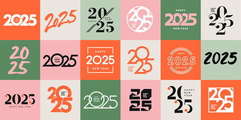 Big Set of 2025 Happy New Year logo text design. 2025 number design template. Collection of 2025 Happy New Year symbols. Vector illustration with labels isolated on colorful background.