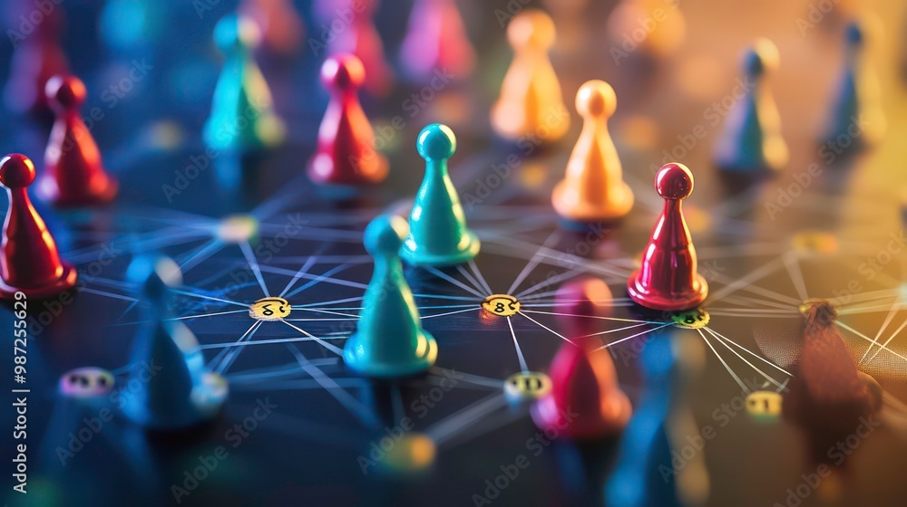 Poster colorful game pieces on a dark board with lines connecting them.