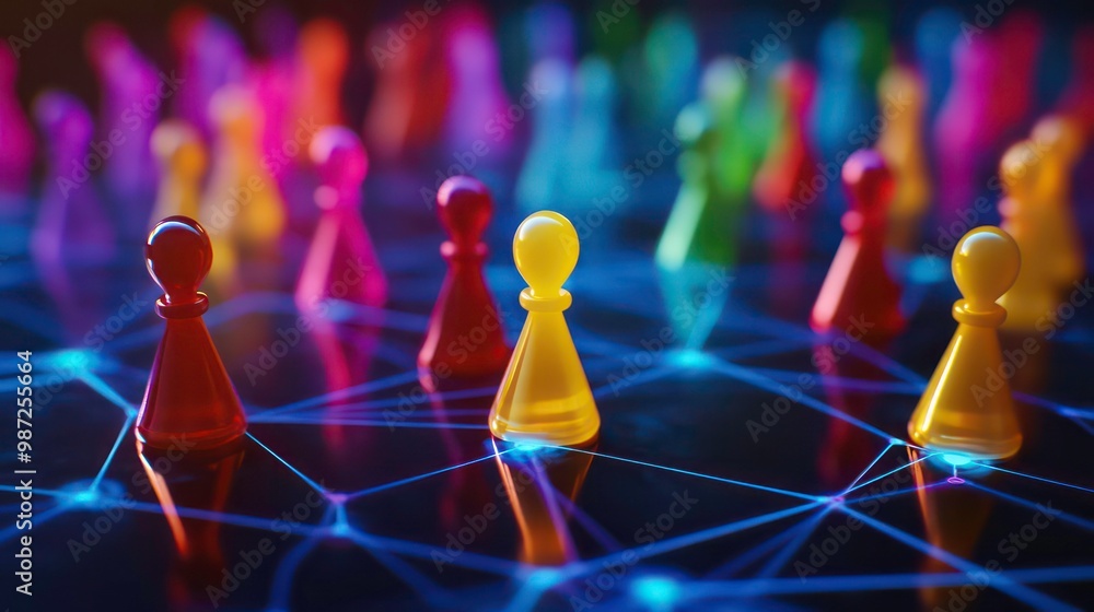 Poster a single yellow pawn stands out from a group of colorful pawns on a futuristic game board with a glo