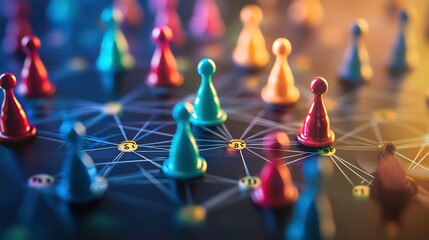 Colorful game pieces on a dark board with lines connecting them.