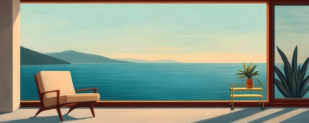 Fototapeta premium A serene interior with a view of calm waters and distant hills, featuring a stylish chair and a potted plant, creating a tranquil ambiance.