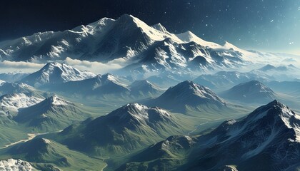 futuristic cyber landscape featuring majestic mountains and a digital sky