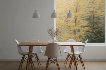 A modern dining area with a wooden table, white chairs, and pendant lights, featuring a large window that offers a view of autumn trees.