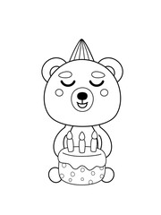 Coloring page. Bear and birthday cake. Black and white bear. Vector