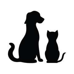a black silhouette of a dog and a cat sitting side by side. The dog is sitting on its hind legs with its front paws resting on the ground and its tail curled around its body