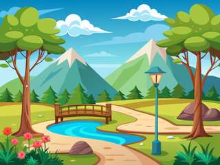 Mountain and lake landscape. Cartoon rocky mountains, forest and river scene. Wild nature summer panorama. Hiking adventure vector concept stock illustration