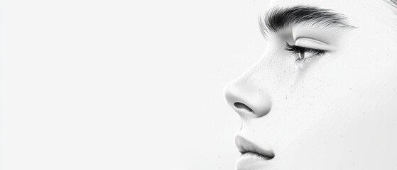  A monochrome image of a woman's face with distinctive freckles dotting her nose