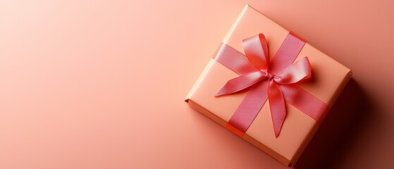  A pink gift box, topped with a red bow, sits against a pink surface and is set against a light pink background
