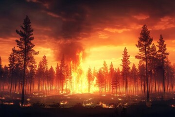 A dramatic scene of a forest fire engulfing trees in fiery flames against a backdrop of an orange and smoky sky.