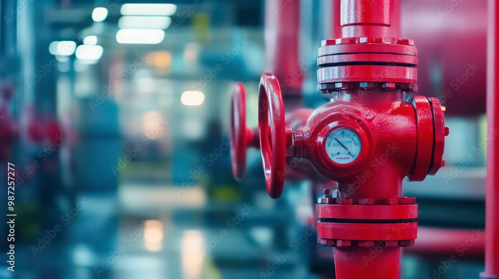 Poster red pipe valve with gauge and handle in a factory setting.
