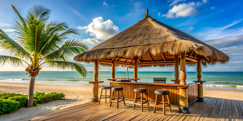 Fototapeta premium Tropical beach bar with thatched roof and ocean view for vacation and relaxation, tropical, beach, bar