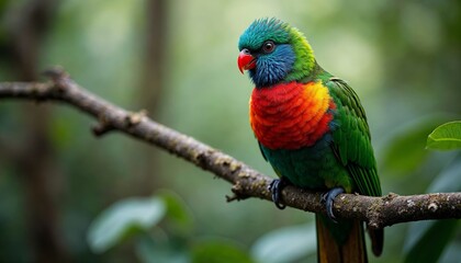 Fototapeta premium Rainbow Lorikeet Perched on Branch in Tropical Rainforest