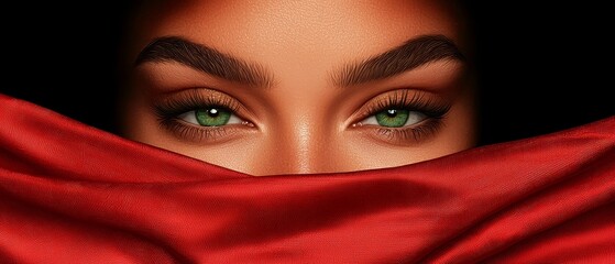 Naklejka premium A close-up of a woman's face with green eyes, a red cloth concealing her gaze