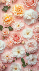 A Vibrant Arrangement of Pastel Roses and Blooms on a Soft Pink Background