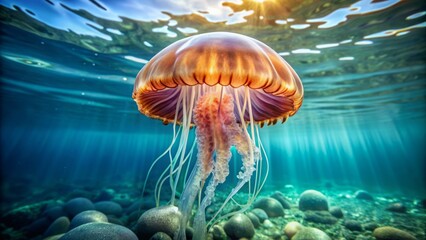 Fototapeta premium Within the aquamarine depths, a ghostly jellyfish glides effortlessly, its transparent dome radiating an otherworldly