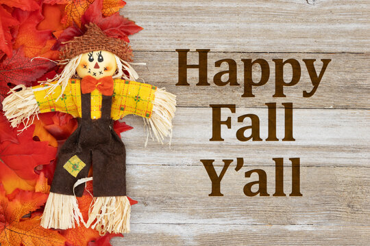 Happy Fall Y&rsquo;all with fall leaves with scarecrow on weathered wood