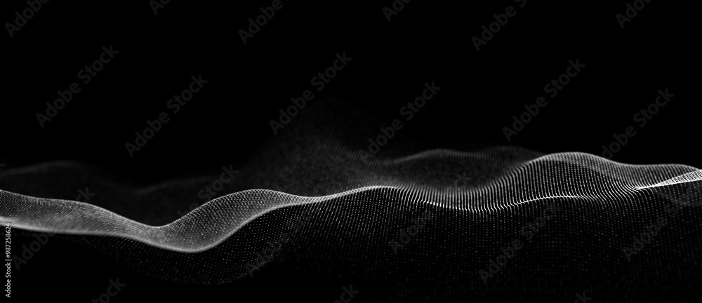 Poster futuristic moving wave. digital dark background with moving particles. big data visualization. 3d re