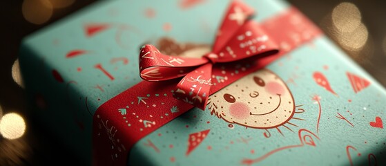  A present tightly wrapped in blue paper, secured with a red ribbon, and adorned with a cheerful smiling face
