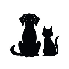 a black silhouette of a dog and a cat sitting side by side. The dog is sitting on its hind legs with its front paws resting on the ground and its tail curled around its body
