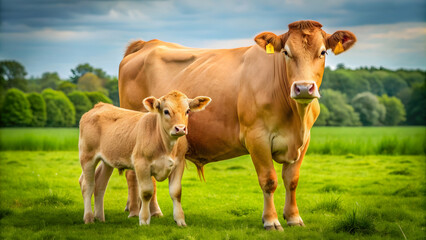 Big cow and her calf standing together in a green pasture , cattle farm, animals, livestock, rural, agriculture