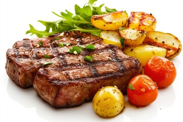 Grilled steaks, boiled potatoes and vegetable salad on white background , ai