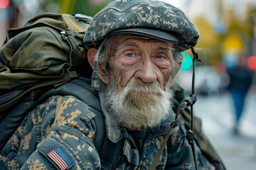 Obraz premium War Veteran on the Street depicting the difficult life of homeless US veterans struggling with poverty and unemployment after war