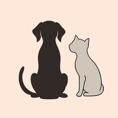 a black silhouette of a dog and a cat sitting side by side. The dog is sitting on its hind legs with its front paws resting on the ground and its tail curled around its body