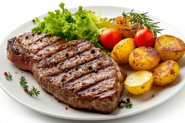Grilled steaks, boiled potatoes and vegetable salad on white background , ai