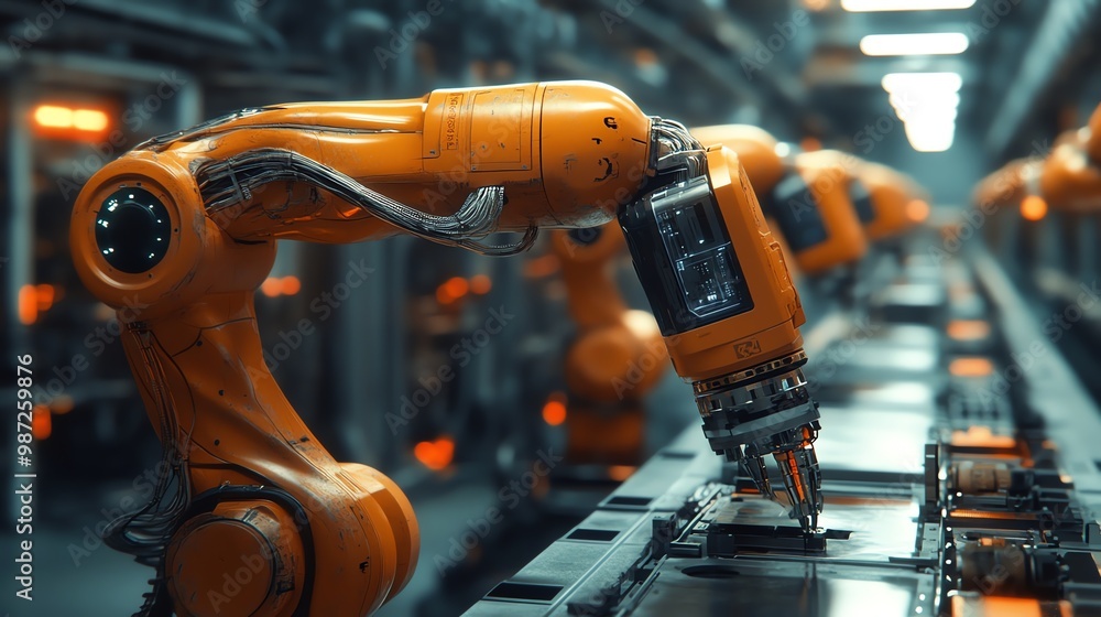 Poster orange robotic arm working on an assembly line in a futuristic factory.