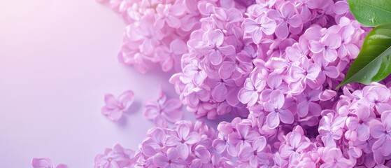 Fototapeta premium A tight shot of numerous lilac blooms and attached leaves against a light purple backdrop, accompanied by a solitary green leaf