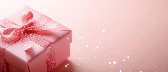 Fototapeta premium A tight shot of a pink gift box, adorned with a bow, against a soft pink backdrop, subtly blurring snowflakes