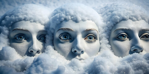 Enigmatic figures with strange eyes emerging from the snow , mysterious, watchers, eyes, forms, snow, winter, creepy, eerie