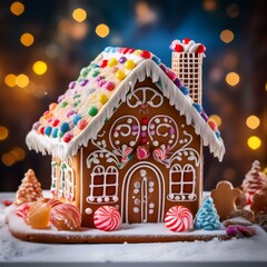 Klassisches Lebkuchenhaus mit Zuckerguss und Süßigkeiten in festlicher Atmosphäre
