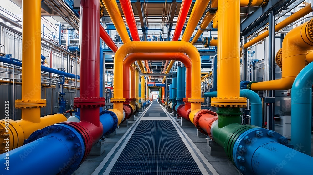 Poster a colorful pipe system with yellow and red pipes. the pipes are connected to each other and are of d